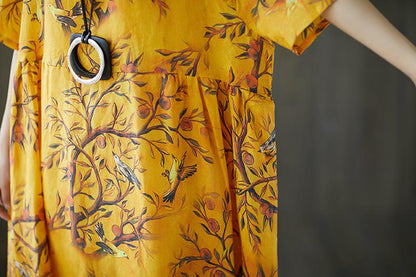 Loose Women Short Sleeve Printed Ramie Dress