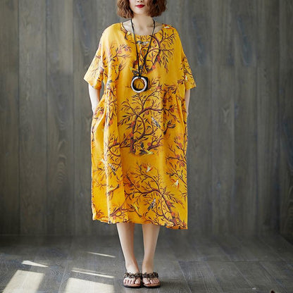Loose Women Short Sleeve Printed Ramie Dress