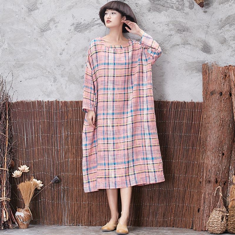 Classic Lattice Linen Loose Women Long Sleeve Pink Dress