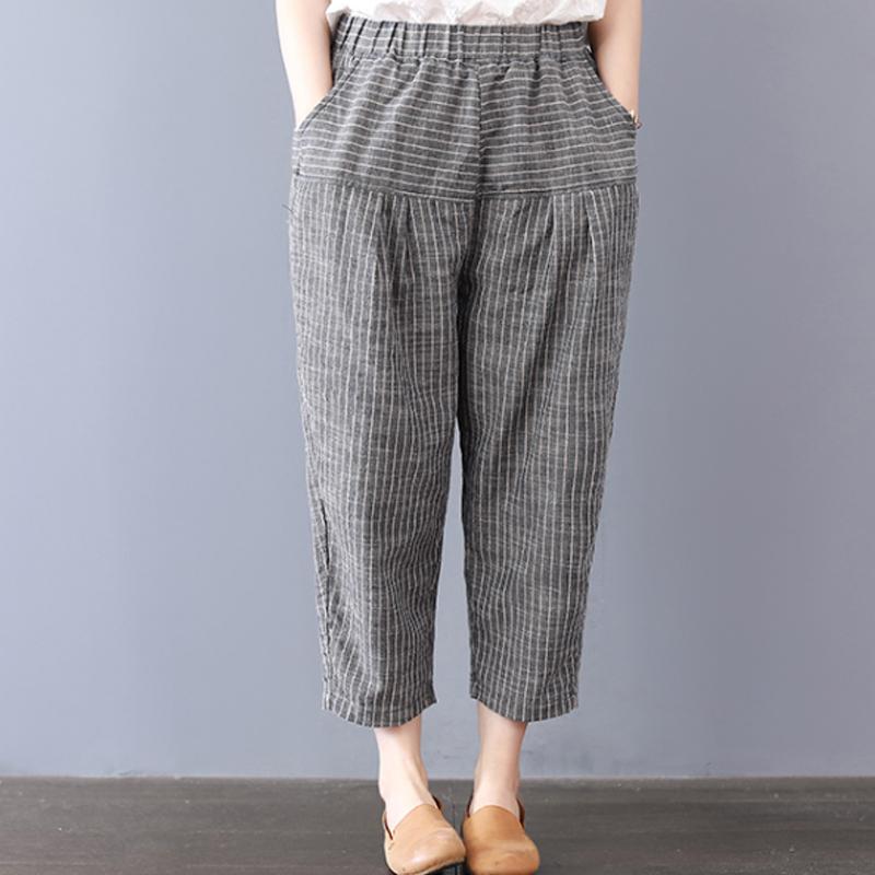 Stripe Pockets Cotton Women Pants