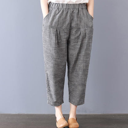Stripe Pockets Cotton Women Pants