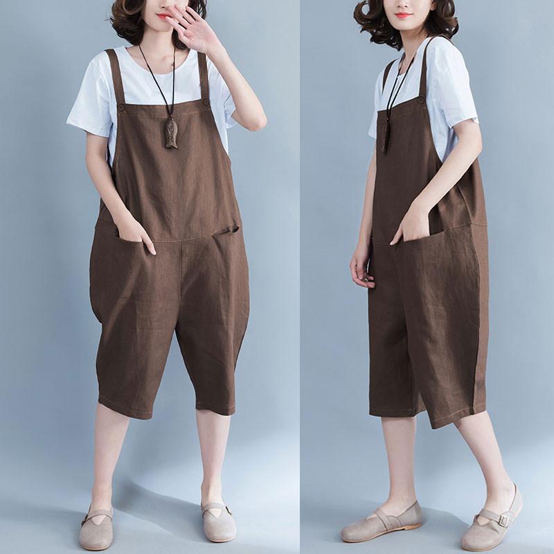 Women Linen Loose Casual Summer Plain Coffee Jumpsuit Pants