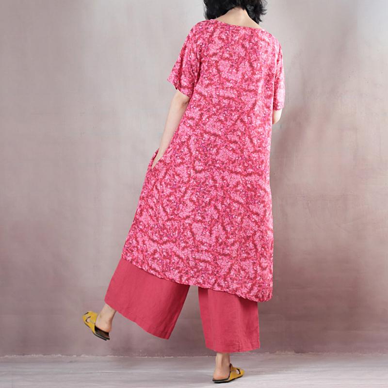 Short Sleeve Red Linen Casual Pockets Women Dress