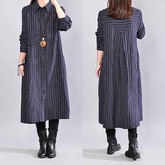 Navy Blue Stripe Cotton  Linen Stand Collar Women Long Shirt