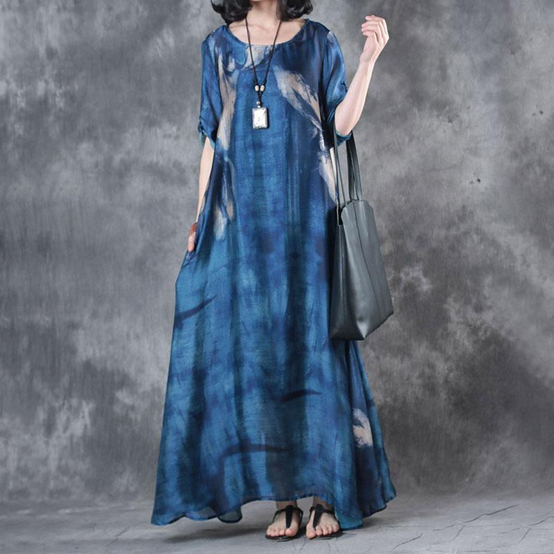 Retro Three Quarter Sleeve Printed Blue Long Dress