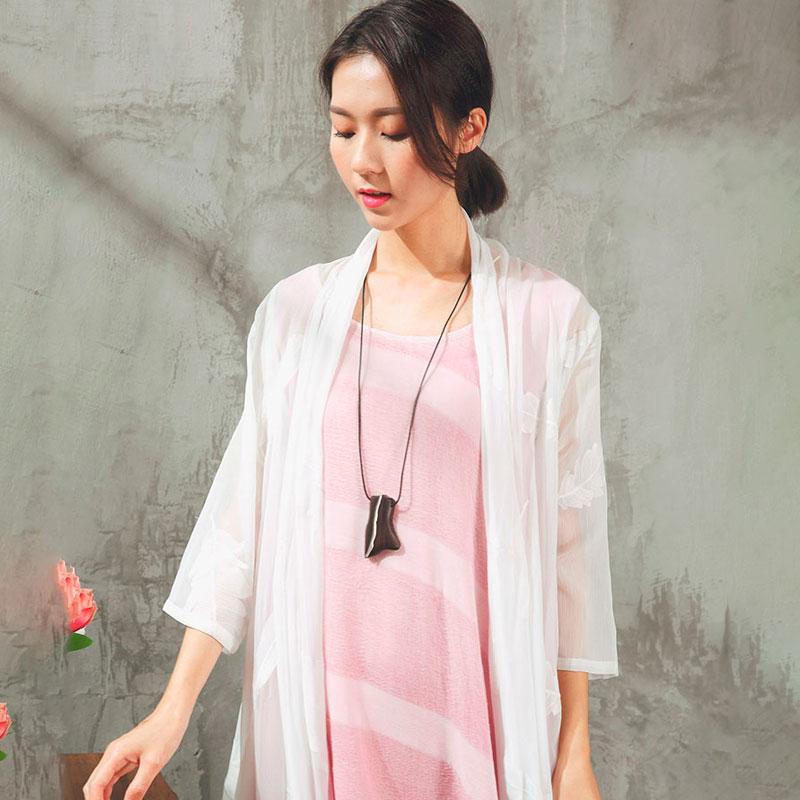 Women Feather Embroidery White Cardigan Thin Coat