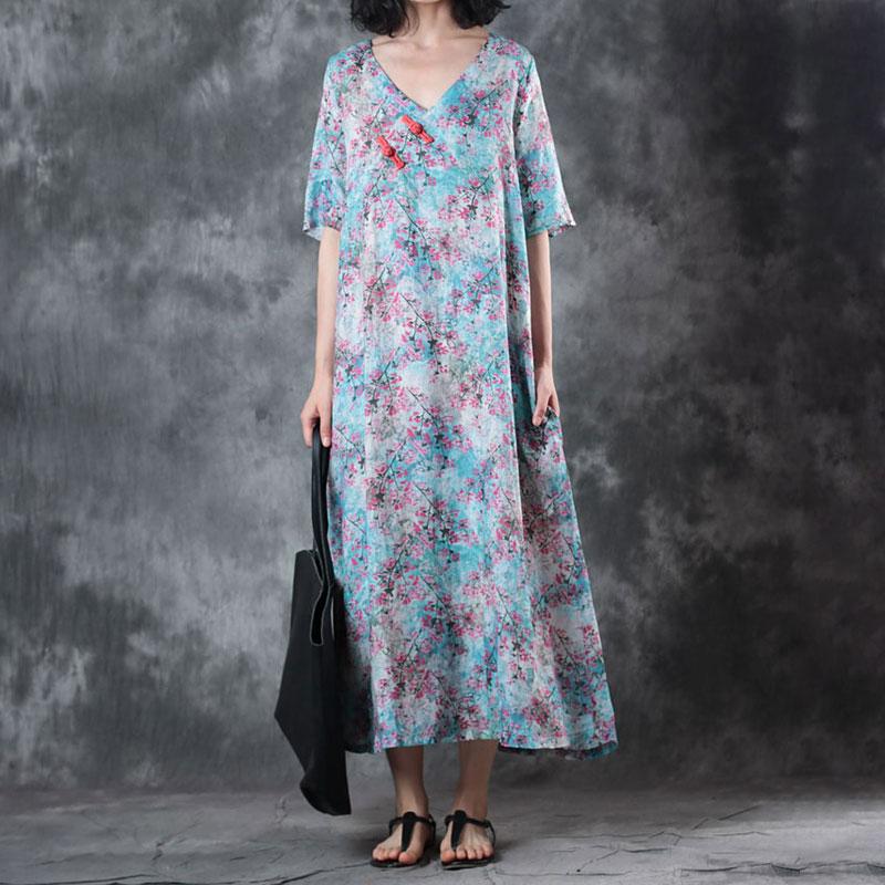 Retro V Neck Short Sleeve Printed Ramie Dress