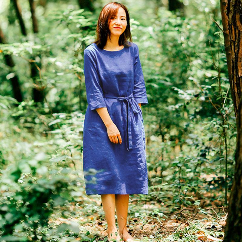 Loose Casual Women Round Neck Three Quarter Sleeve Blue Dress