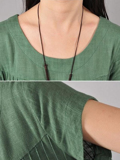 Women Cotton Linen Loose Fitting Dress in Green-Size M,L,XL,2XL