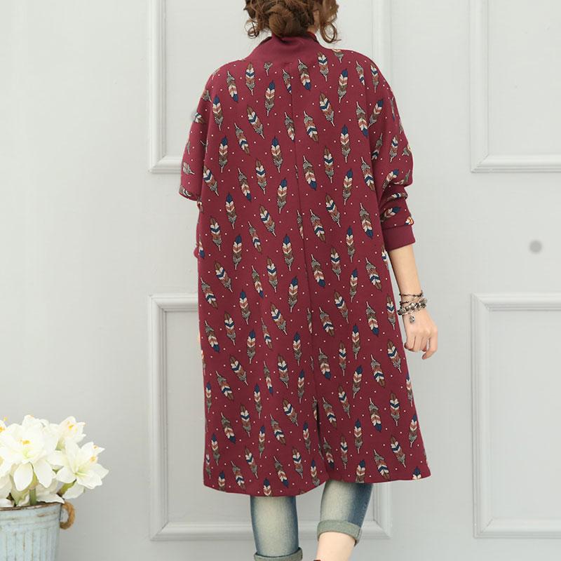 Literature Turtle Leaf Printing Neck Long Sleeves Big Pockets Red Women Dress