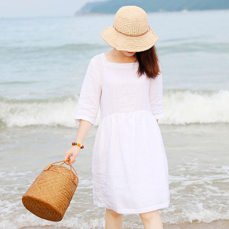 Special Collar Design Women Half Sleeve Loose White Folded Dress