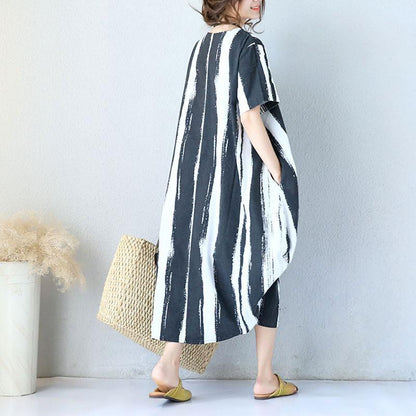 Cotton Linen Short Sleeves Black Dress