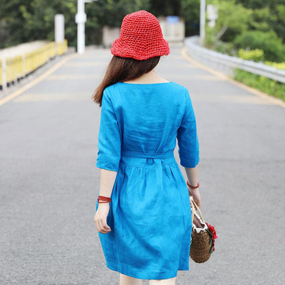 Women Square Collar Half Sleeve Loose Blue Short Dress