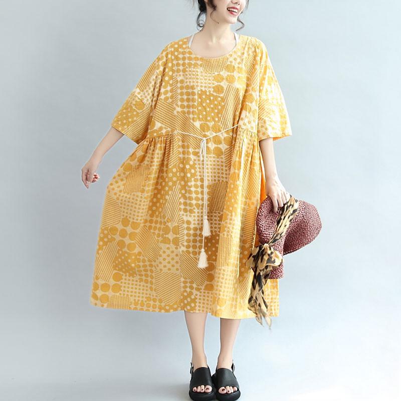 Round Neck Printing Lacing Summer Women Yellow Dress