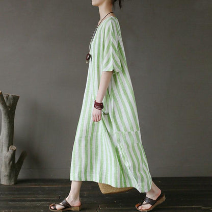 Retro Loose Round Neck Short Sleeve Green Stripe Dress