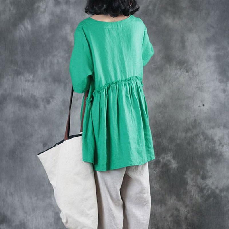 Women Splicing Pleated Short Sleeves Loose Women Green Shirt