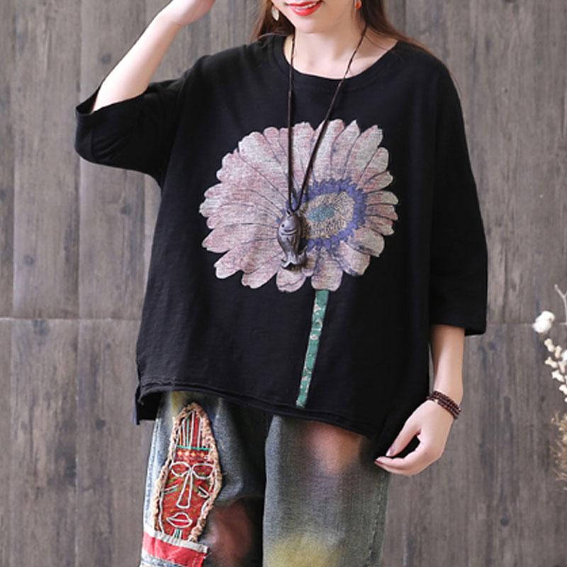 Three Quarter Sleeve Loose Sunflower Printed Black Tops