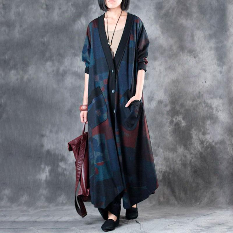 V Neck Single Breasted Retrpo Printing Long Sleeves Dark Blue Women Dress
