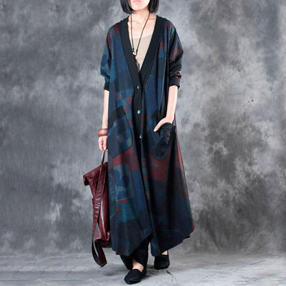 V Neck Single Breasted Retrpo Printing Long Sleeves Dark Blue Women Dress