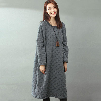 Jacquard Round Neck Hedging Long Sleeves Literature Gray Women Dress