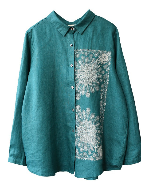 LOOSE CASUAL CROPPED PRINT LAPEL SHIRT