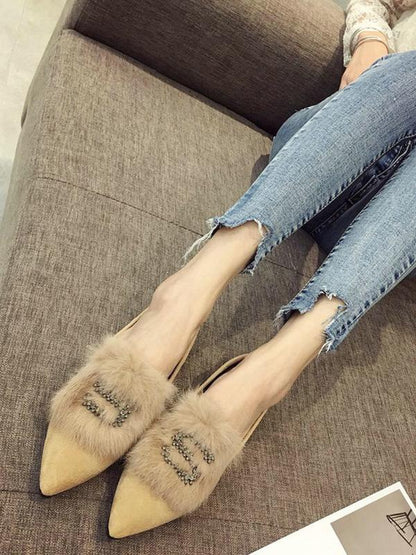 Rhinestone S Letter Artificial Fur Pointed Shoes