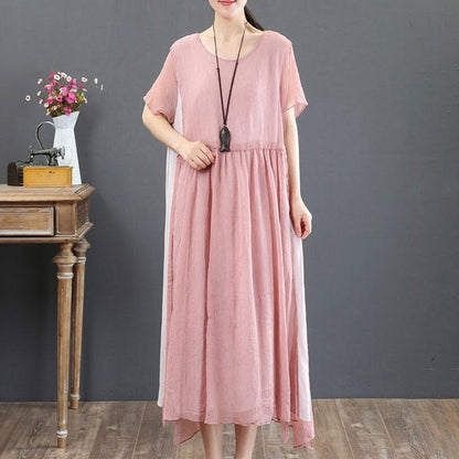 Round Neck Casual Summer Short Sleeve Pink Loose Dress