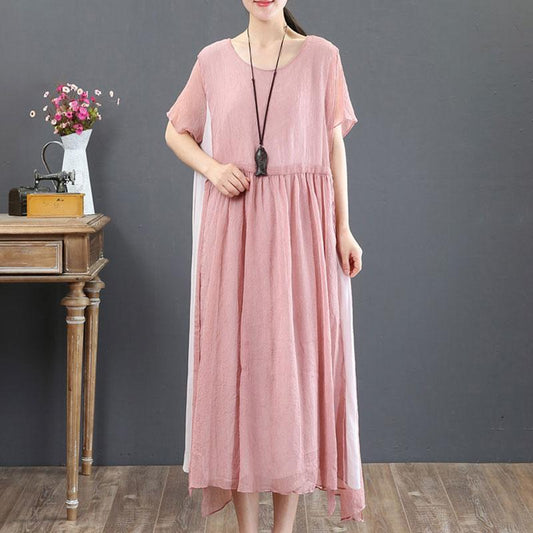 Round Neck Casual Summer Short Sleeve Pink Loose Dress