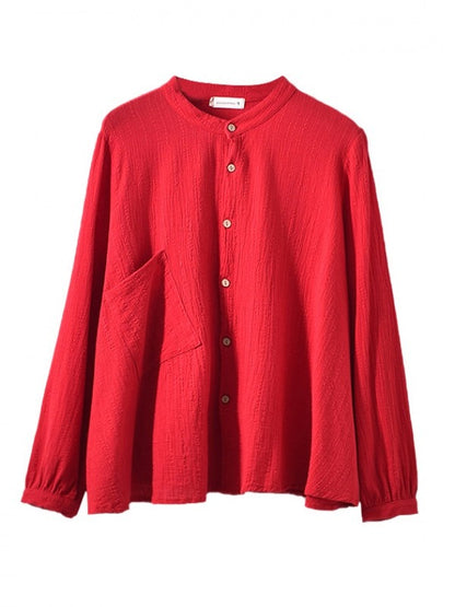 SOLID LOOSE PLEATED STAND COLLAR SHIRT