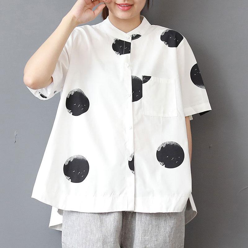 Stand Collar Short Sleeve Loose Cotton White Shirt