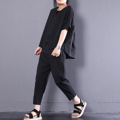 Women Black Cotton Short Sleeve Pleated Loose Tops