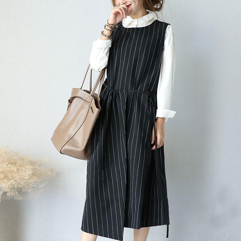 Large Size Round Neck Sleeveless Women Stripe Lacing Dress