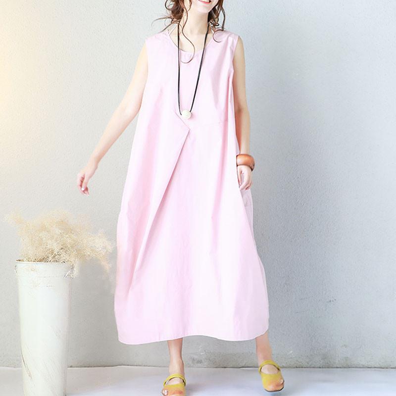 Women Summer Round Neck Cotton Loose Literature Sleeveless Pink Dress