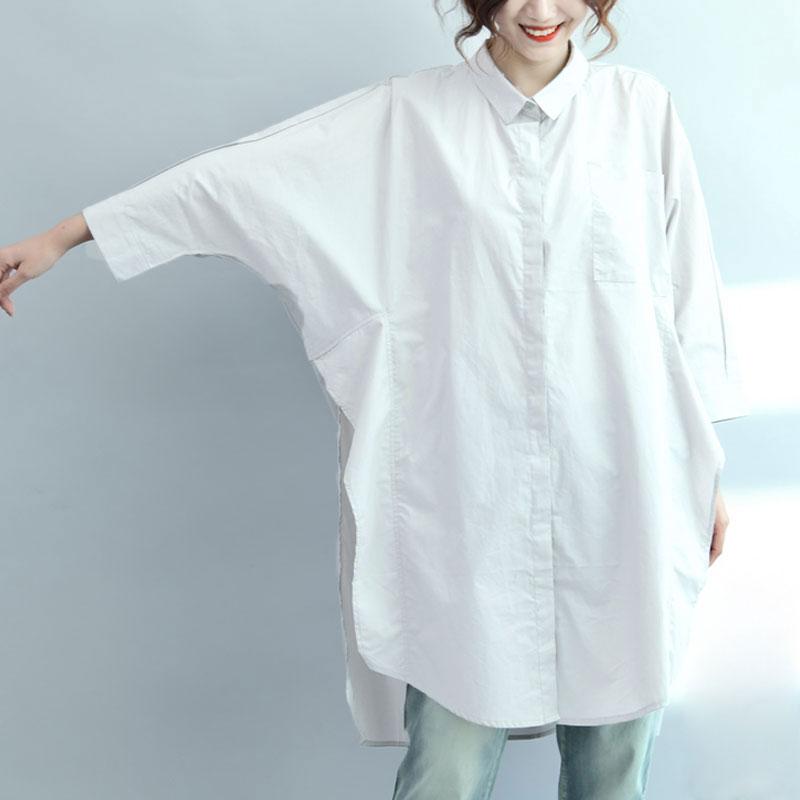 Irregular Literature Polo Collar Long Sleeves Cotton White Women Dress