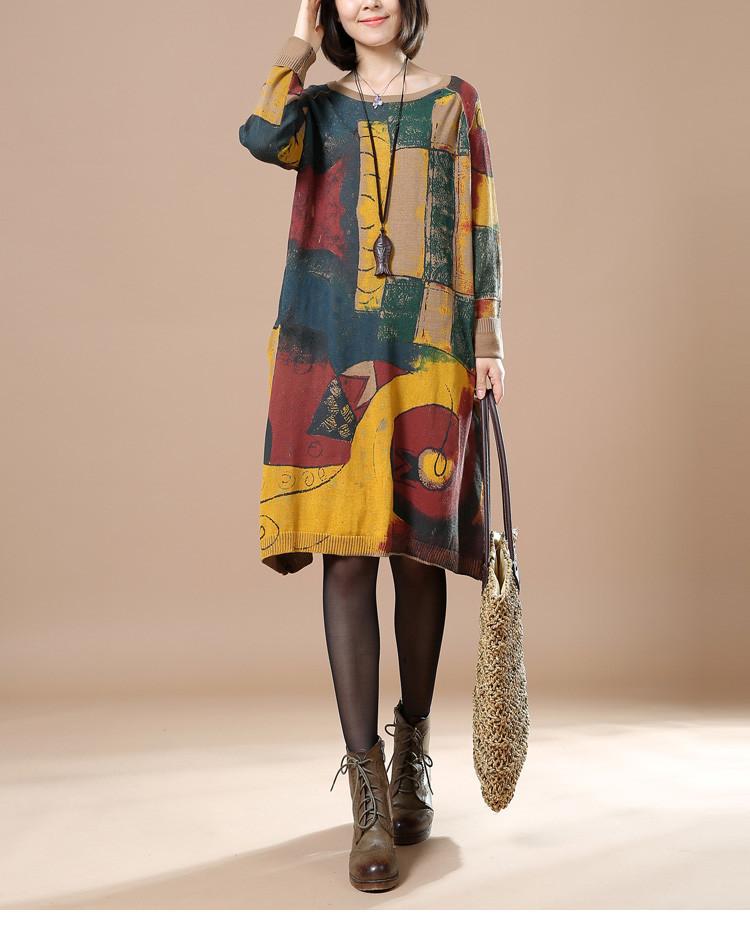 Women Print retro long sleeve dress