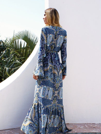 Bohemia Floral Front Split with Tie Long Sleeve Maxi Dress