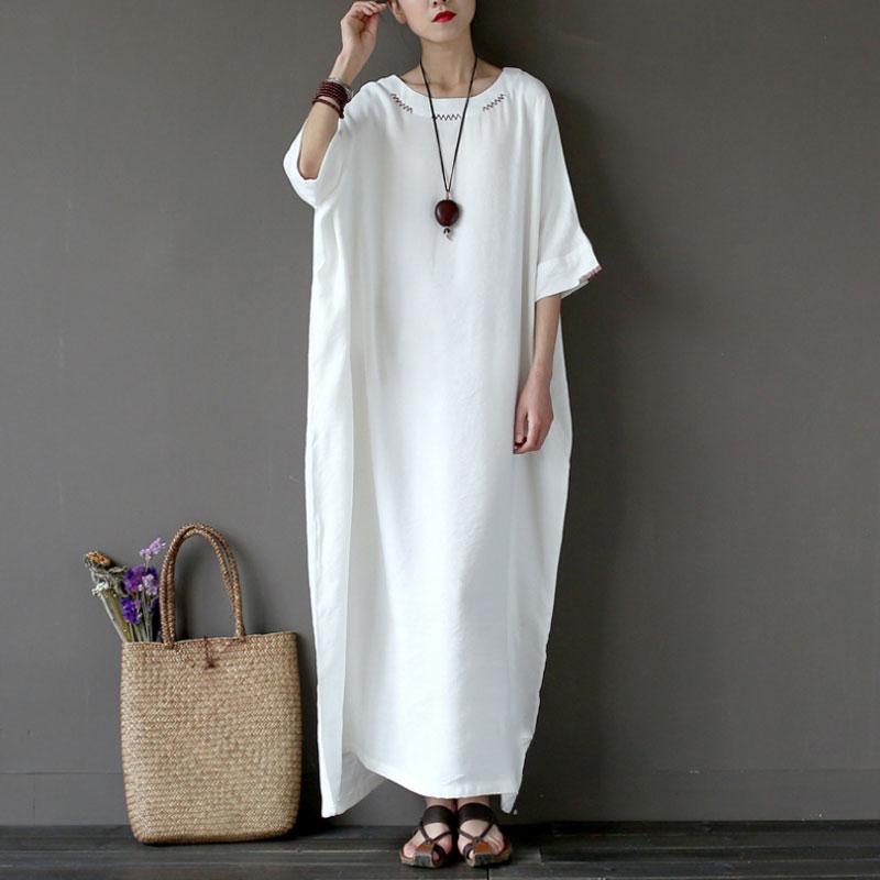 Women Flax Cotton 1/2 Sleeve Embroidery White Dress