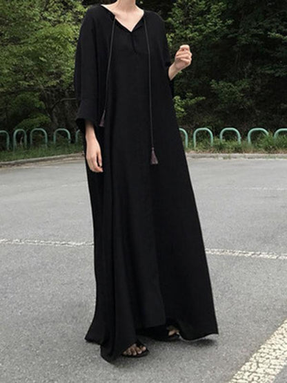 Black Vintage Daily Long Dress with Ropes on the Neck