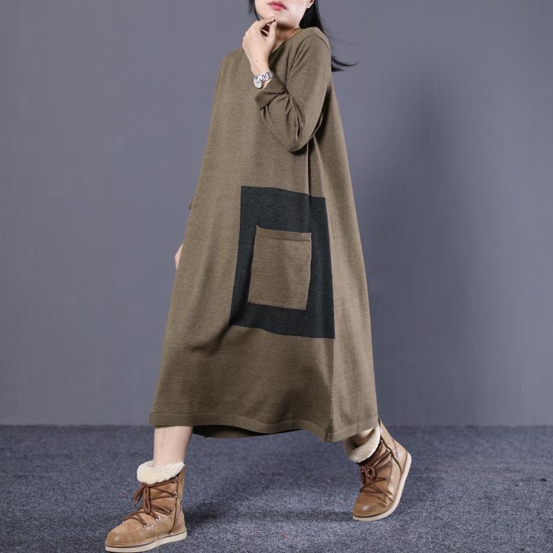 Loose Round Neck Long Knit Sweater Coffee and Black Dress