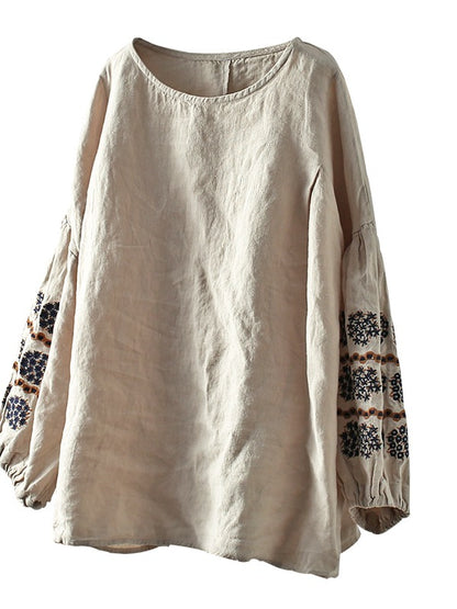 VINTAGE LOOSE NINE-POINT SLEEVE ROUND NECK EMBROIDERED T-SHIRT