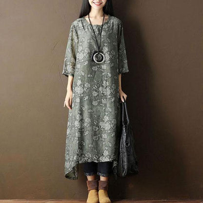 Retro Printed Lining Three Quarter Sleeve Green Dress