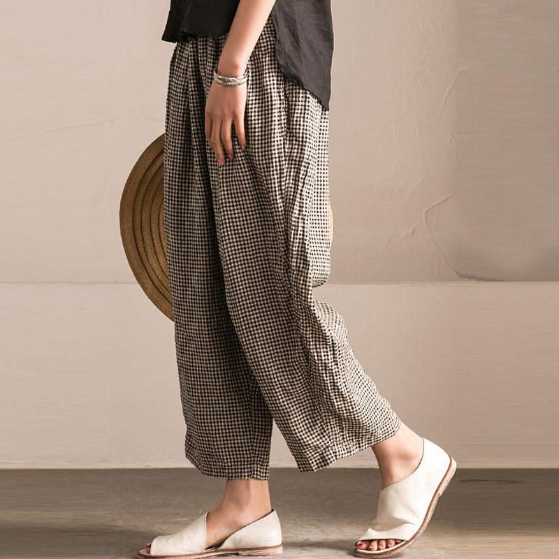 Irregular Women Lattice Loose Linen Cotton Long Pants