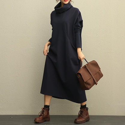 Literature Turtle Neck Long Sleeves Cotton Spandex Navy Blue Women Dress