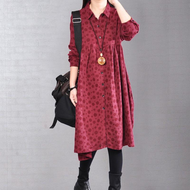Soft Cotton Long Sleeves Red Dot Autumn Winter Women Dress