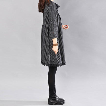 Loose Cotton Printing Lace Hem Black Dress