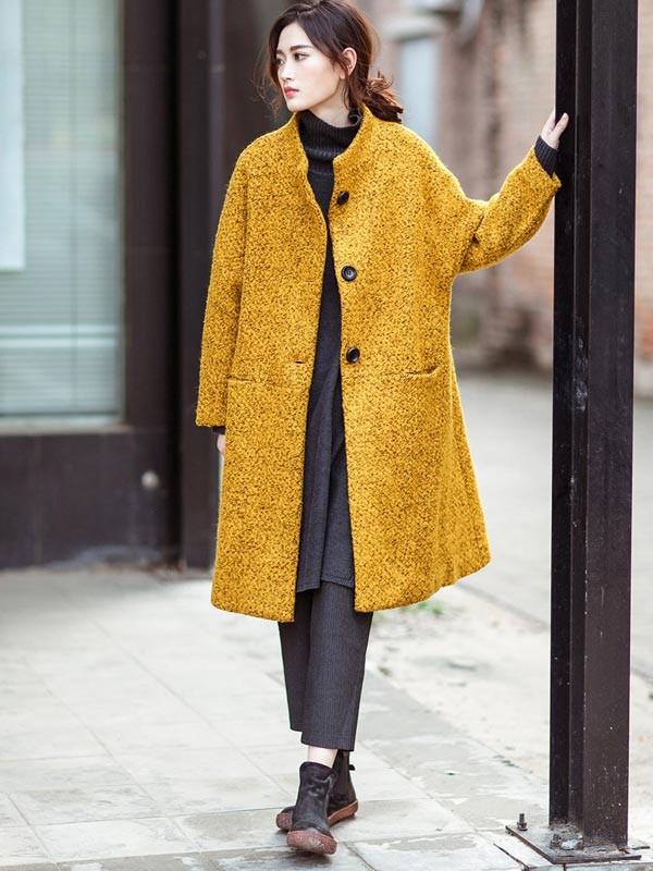 Winter Women Yellow Loose Wool Coat