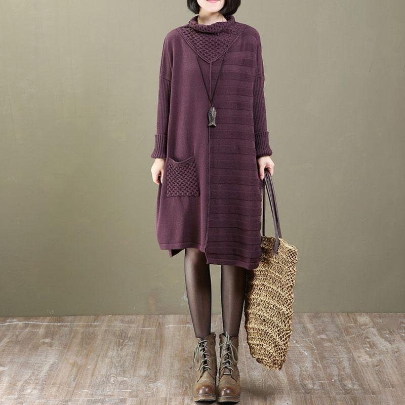 Women Fall Winter Long Sleeve Irregular Purple Sweater Dress