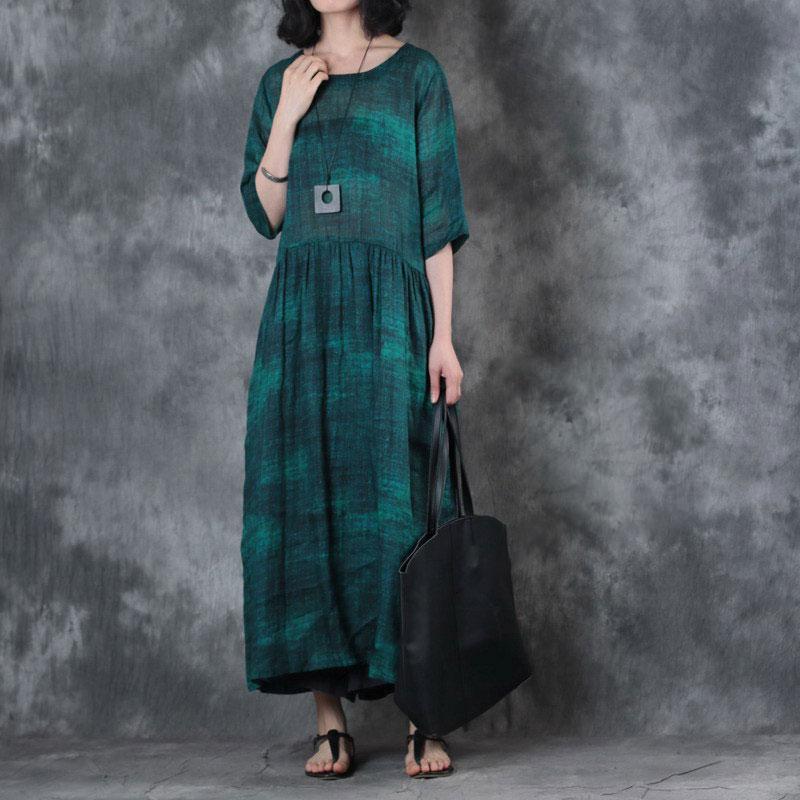 Women Ramie 1/2 Sleeve Printed Pleated Dark Green Dress
