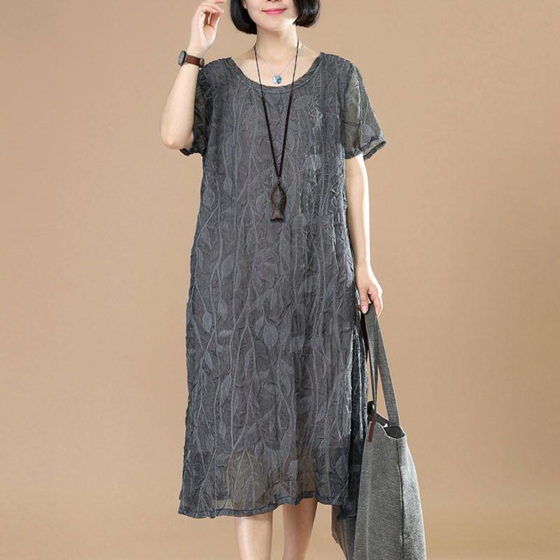 Summer Short Sleeves Women Casual Round Neck Dark Gray Dress
