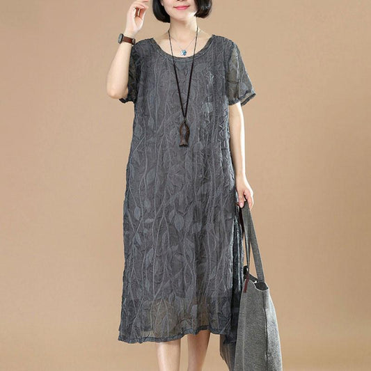 Summer Short Sleeves Women Casual Round Neck Dark Gray Dress